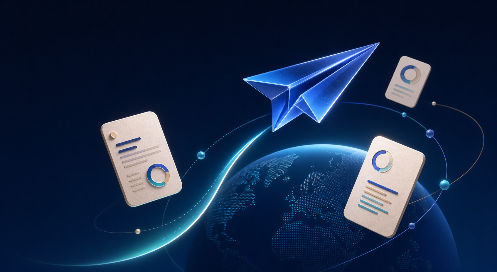 Paper plane traveling over a globe alongside resume and career profile cards